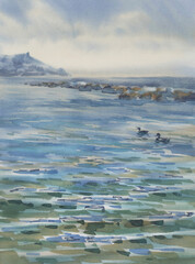 A seascape with a mountain in the horizon by the shore, San Remo - 675158750