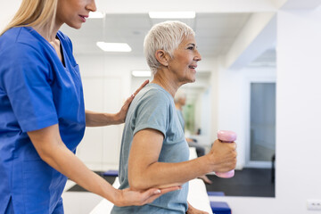 Professional Physiotherapist Working on Specific Muscle Groups and Back Pain with senior Female. Woman Recovering from Mild Injury. Trauma Prevention Therapy or Rehabilitation at Clinic