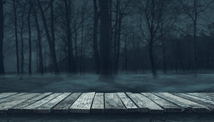 Old wooden pier and creepy forest at night