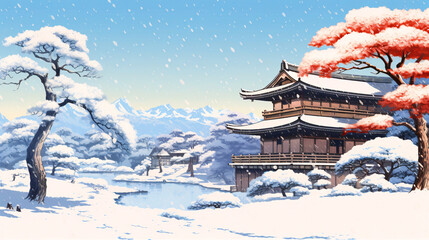 Fototapeta premium 日本の冬のイラスト、雪が積もった和風背景