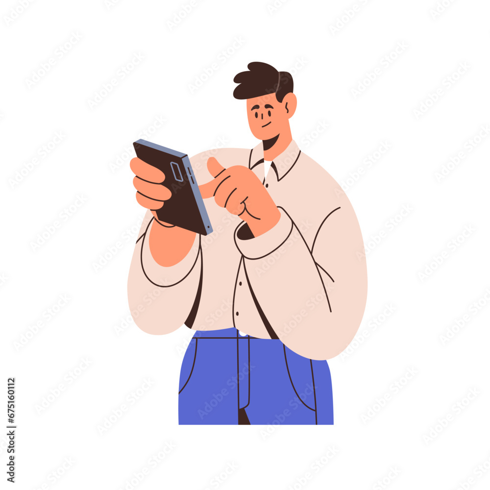 Poster man using mobile phone, clicking on smartphone with finger. person holding cellphone. employee with 