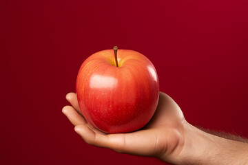 Close-up of a hand holding an apple on a red background