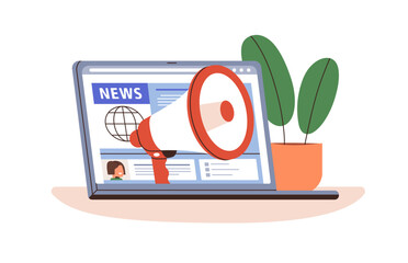 Latest breaking news in internet. Information, announcements in digital online newspaper, press. Megaphone announcing message in laptop. Concept flat vector illustration isolated on white background