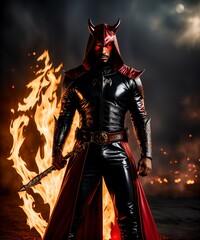Warrior devil with horns and leather clothes. 