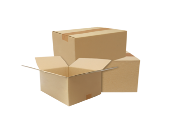 opened cardboard and pile of cardboard boxes on transparent background