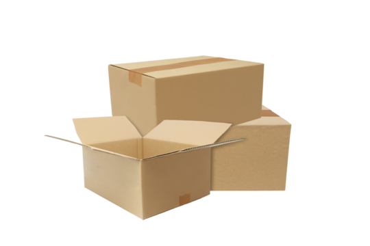 opened cardboard and pile of cardboard boxes on transparent background