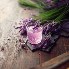 Obraz na płótnie Canvas Cold lavender water in glass on grungy background. Lavender plant.
