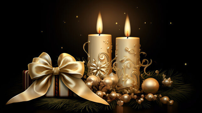 Golden Advent candles within lush evergreen branches. Christmas time, Advent season. Flickering flames cast soft, inviting glow, illuminating scene with sense of hope and joy