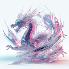 Holographic, dragon sleek glass material, transparent, cinematic lighting, white background, pink and blue