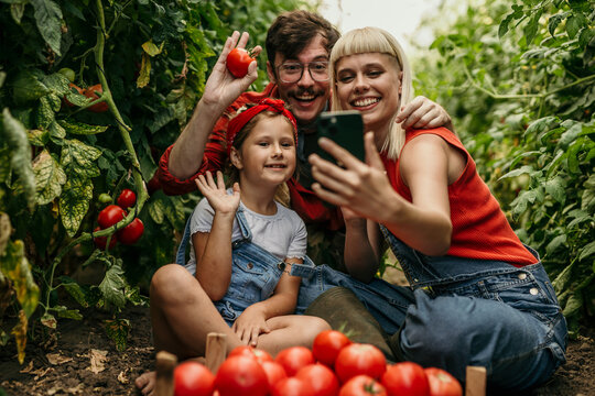 A happy family in the garden working and having a video call over a smartphone
