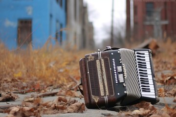 An accordion on the ground. Generative AI - obrazy, fototapety, plakaty