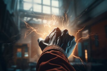 Strong explosions dramatic hands lightning. Burn angry war concept energy. Generate Ai