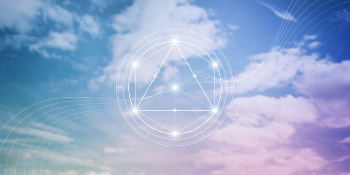 Merkaba. Sacred geometry spiritual new age futuristic illustration with transmutation interlocking circles, triangles and glowing particles