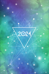 Naklejka premium Astrological New Year 2024 Greeting Card or Calendar Cover on Cosmic Background. Sacred Geometry Christmas Vector Design with Space Backdrop.
