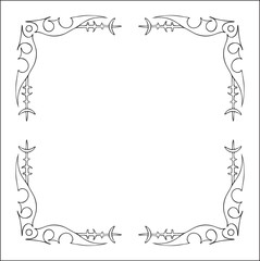 Elegant black and white ornamental frame, decorative border, corners for greeting cards, banners, business cards, invitations, menus. Isolated vector illustration.	