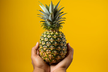 Close-up of a hand holding a pineapple on a yellow background