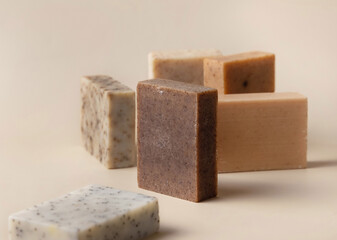 Natural herbal beige and brown handmade soap bars on light beige close up