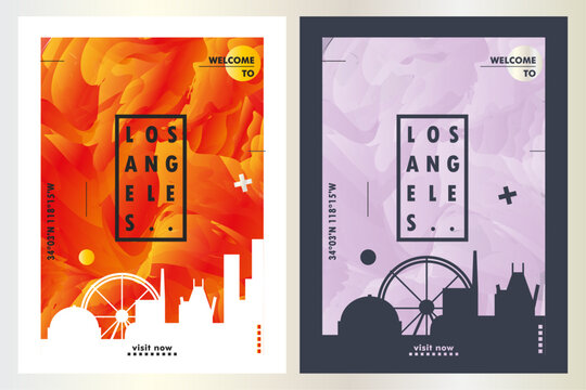 USA Los Angeles city poster pack with abstract skyline, cityscape, landmark and attraction. California travel vector illustration layout set for vertical brochure, website, flyer, presentation