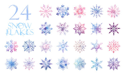 Set of Christmas Snowflakes. Set of Stickers of Fairytale Snowflakes. Isolated on white custom background. Generated with AI.