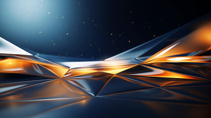 Abstract technology background with orange and blue polygon on dark background, 3D illustration.