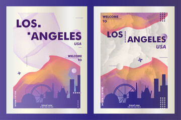 USA Los Angeles city poster pack with abstract skyline, cityscape, landmark and attraction. California travel vector illustration layout set for vertical brochure, website, flyer, presentation