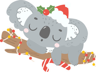 Cute Christmas Koala sleeping on tree
