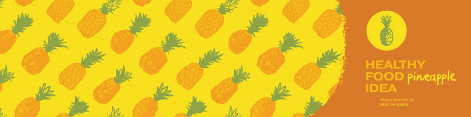 Pineapple seamless pattern with color hand drawn pineapples ornament. Healthy food idea banner template design. Organic ananas label template. Fruit and berries doodles for natural cosmetic design.