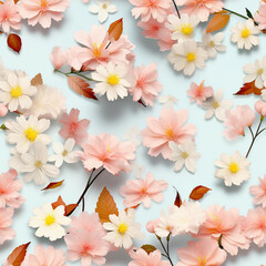 Cherry blossoms are falling in foliage on the side of a pastel background. Viewed from above