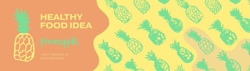 Pineapple seamless pattern with color hand drawn pineapples ornament. Healthy food idea banner template design. Organic ananas label template. Fruit and berries doodles for natural cosmetic design.
