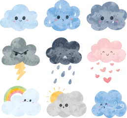 Tuinposter Watercolor doodle set of cute clouds © Stella