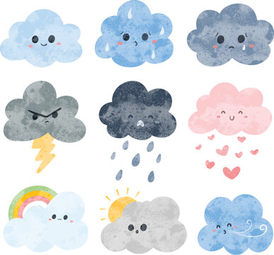 Watercolor doodle set of cute clouds