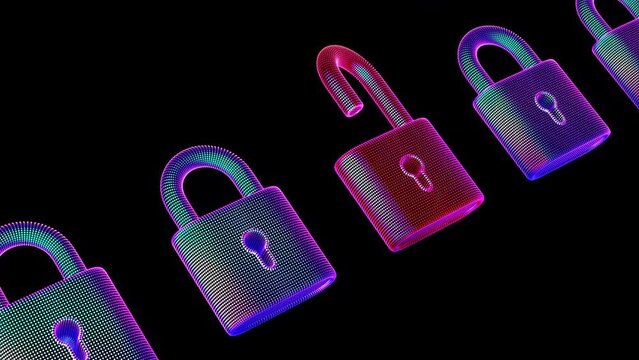 Row of 3D blue closed locks, one of which changes color to red and unlocks. Cyber security, hacker attack and data protection abstract concept. Looped 4K animation of information privacy in internet