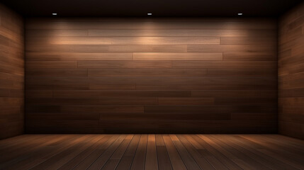 Empty dark brown plank wall room interior,decorated with hidden warm lighting. Generative Ai