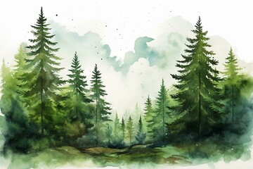 Silhouette of a fir-tree background with a green forest illustrated in watercolor. Generative AI