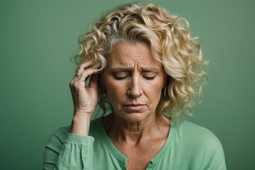 an adult long curly blonde mature attractive woman with migraine headache holding his head having pain on solid light green background. Generative Ai.