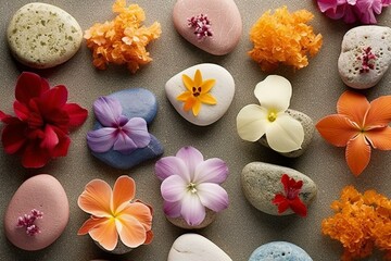 Fototapeta na wymiar Floral stones for serene spa experience. Generative AI