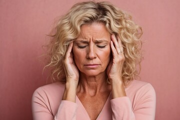 an adult long curly blonde mature attractive woman with migraine headache holding his head having pain on solid light pink background. Generative Ai.