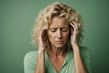 an adult long curly blonde mature attractive woman with migraine headache holding his head having pain on solid light green background. Generative Ai. - obrazy, fototapety, plakaty