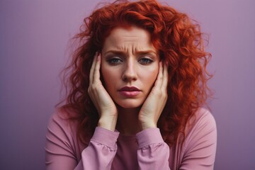 an adult long curly redhead young attractive woman with migraine headache holding his head having pain on solid light purple background. Generative Ai.