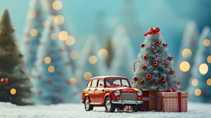 Little classic car with Christmas gifts in front of a snowy Christmas tree. Christmas tree with Christmas ball festive New Year lights.