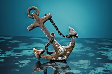 Worn boat anchor on marine breeze background. Old rusty sailing anchor from sea voyage vessel....
