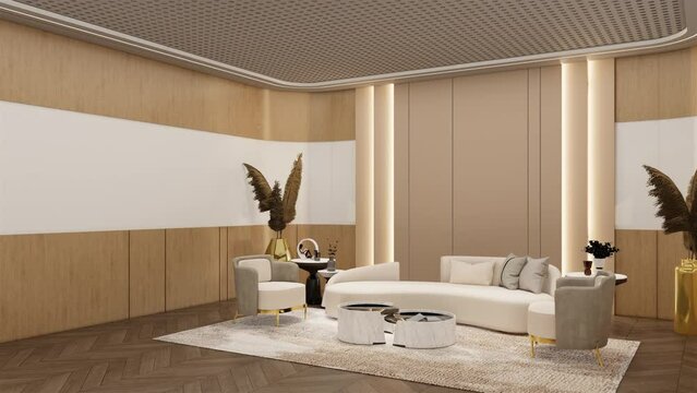 Animation Office waiting room with empty bakdrop for branding mockups. 3D illustration rendering