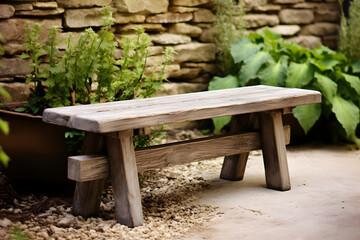Weathered Wooden Bench Against Stone Wall in Natural Setting