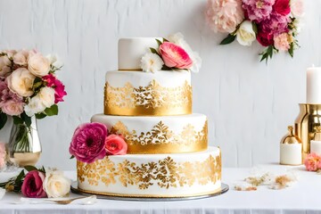 Obraz na płótnie Canvas Wedding Cake Decorated with Gold Foil and Flowers, Three Tiered Cake, White Background, Copy Space, on table on light background in room interior