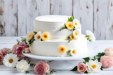Fototapeta na wymiar Three-tiered white wedding cake decorated with flowers from mastic on a white wooden table. Picture for a menu or a confectionery catalog. Top view