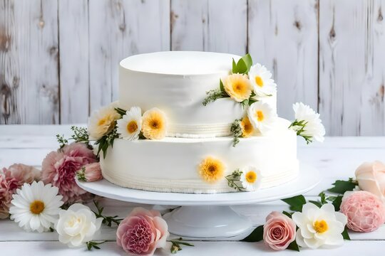 Three-tiered white wedding cake decorated with flowers from mastic on a white wooden table. Picture for a menu or a confectionery catalog. Top view