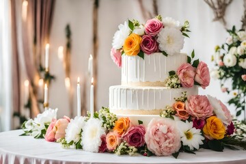 wedding cake with flowers, on table on light background in room interior