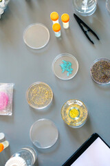 Top view of laboratory instrument set and glitter samples in petri dishes over a lab table background. Dangerous small plastic particles in cosmetic composition. Microbeads and nanoplastics concept.