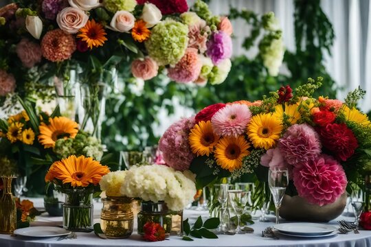 The composition of flowers and greenery standing on served table in the area of wedding party