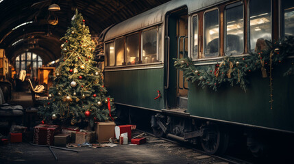 Old train carrage christmas concept postcard.